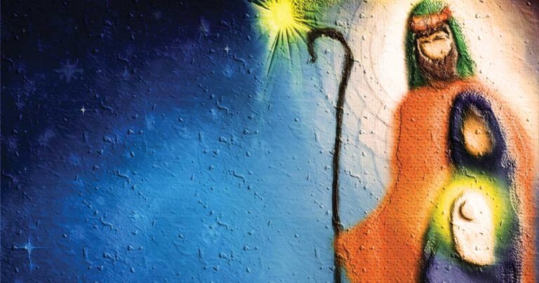 Stylized illustration of the Nativity scene showing Joseph, Mary, and baby Jesus. Joseph, wearing a red robe and green head covering, holds a shepherd’s staff beneath a bright star. Mary, in blue, cradles the glowing infant Jesus. The background fades from deep blue to light, evoking a night sky with stars.