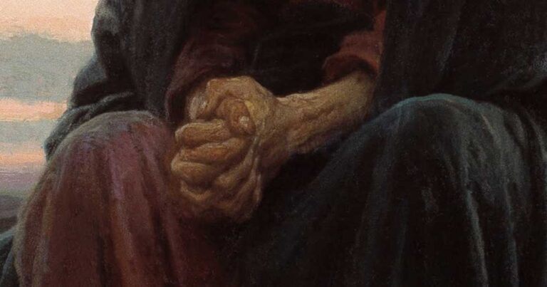 Close-up of two hands clasped together, showcasing detailed textures and skin tones, symbolizing contemplation or unity.