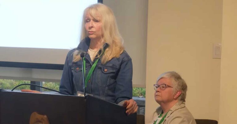 A woman with long blonde hair wearing a denim jacket stands at a podium, speaking to an audience, while another woman with gray hair and glasses listens attentively. Both appear engaged in a presentation setting.