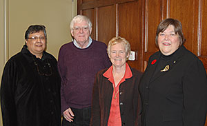 L-R: Donna Bomberry, Archbishop Michael Peers (former Primate), Jane Brewin Morley, and Nancy Hurn meet at the Anglican Church of Canada national office, Oct. 28. 