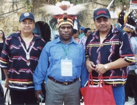 (R-L) The Ven. Larry Beardy, Ananais Kobak (Papua New Guinea), and the Rev. Richard Bruyere (Canada) at the World Christian Gathering of Indigenous People. 
