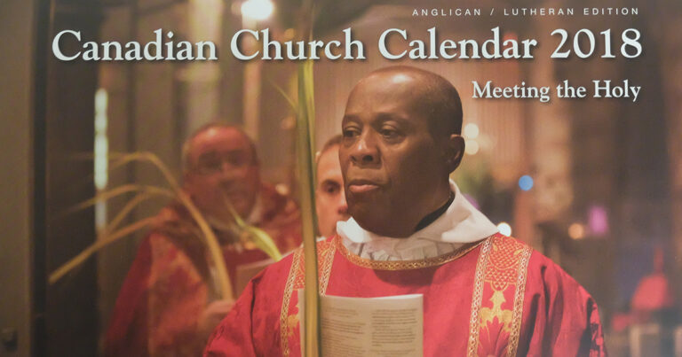 A clergy member in red vestments holds a palm frond during a church service, with other clergy members visible in the background. The image is part of a Christian Church calendar theme.
