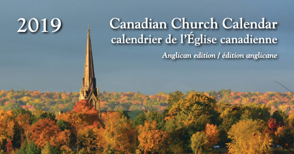 Image of a Canadian church steeple surrounded by vibrant autumn foliage, with text overlay stating "Canadian Church Calendar" and "Anglican edition."