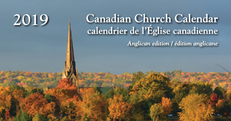 Image of a Canadian church steeple surrounded by vibrant autumn foliage, with text overlay stating "Canadian Church Calendar" and "Anglican edition."