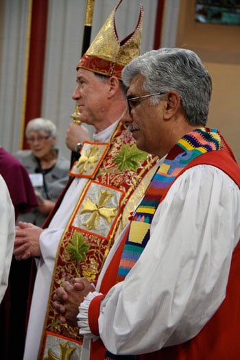 Anglican Church of Canada Primate Fred Hiltz (left) presides at Opening Worship of General Synod 2010. Bishop Miguel Tamayo of Cuba and Uruguay (right) preached.  TRINA GALLOP
