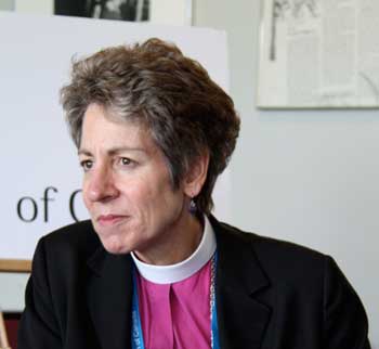 Bishop Katharine Jefferts Schori addresses the media following her address to General Synod 2010.  TRINA GALLOP / GENERAL SYNOD COMMUNICATIONS