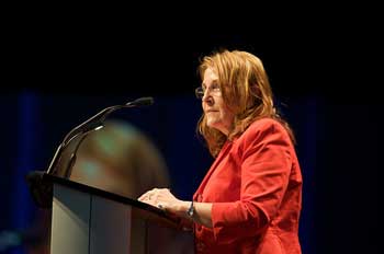 Marie Wilson, Commissioner of the Truth and Reconciliation Commission of Canada, encourages members of General Synod 2010 to be involved in the work of the Truth and Reconciliation Commission of Canada. BRIAN BUKOWSKI / GENERAL SYNOD COMMUNICATIONS