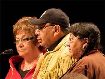 L-R: Freda Lepine, Archdeacon Larry Beardy, and Elizabeth Beardy at General Synod 2010. Ms. Lepine and Archdeacon Beardy, co-chairs of the Northern Manitoba Area Mission Working Group, gave an update on consultations. BRIAN BUKOWSKI / GENERAL SYNOD COMMUNICATIONS