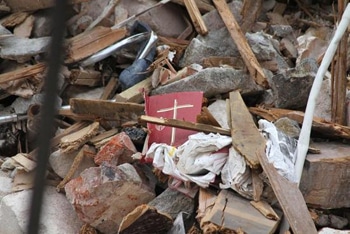 A sign of hope, spotted in the rubble of the demolished ChristChurch Cathedral bell tower. ANGLICAN TAONGA