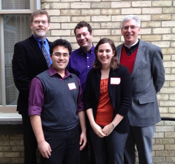 The Rev. Canon Dr. John Gibaut (back left) and Archdeacon Bruce Myers (back centre) with WCC Assembly delegates the Rev. Canon John Alfred Steele (back right), Nicholas Pang, and Melissa Green in Toronto. 