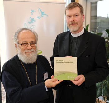 Metropolitan Dr. Vasilios of Constantia-Ammochostos, moderator of the Commission on Faith and Order, and the Rev. Canon Dr. John Gibaut, director of Faith and Order, presenting the published version of “The Church: Towards a Common Vision.” MARK BEECH/WCC