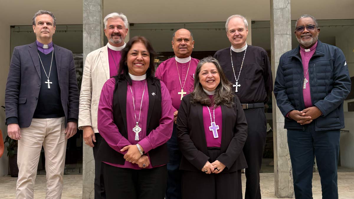 Anglican primates of the Americas meet in São Paulo, Brazil. Front row, l-r: Archbishop Alba Sally Sue Hernández García and Archbishop Marinez Rosa dos Santos Bassotto. Back row, l-r: Archbishop Brian Williams, Archbishop Shane Parker, Archbishop Juan David Alvarado Melgar, Presiding Bishop Sean Rowe, Archbishop Philip Wright
