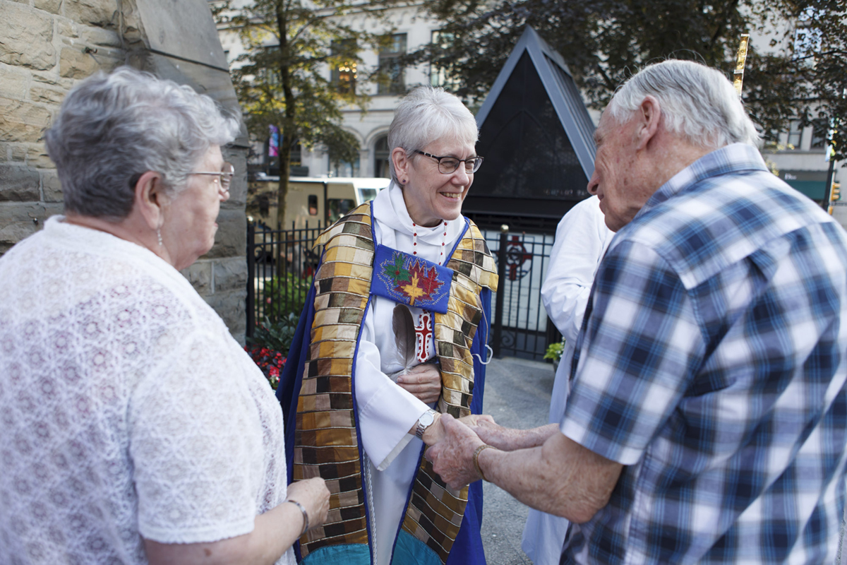 Archbishop Linda Nicholls greets guests, following her installation as 14th Primate of the Anglican Church of Canada. Photo by Geoff Howe/General Synod Communications