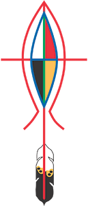 Logo of the Anglican Council of Indigenous Peoples, showing a stylized red fish-shaped outline with a central red cross, multicoloured interior panels, and a feather at the bottom.