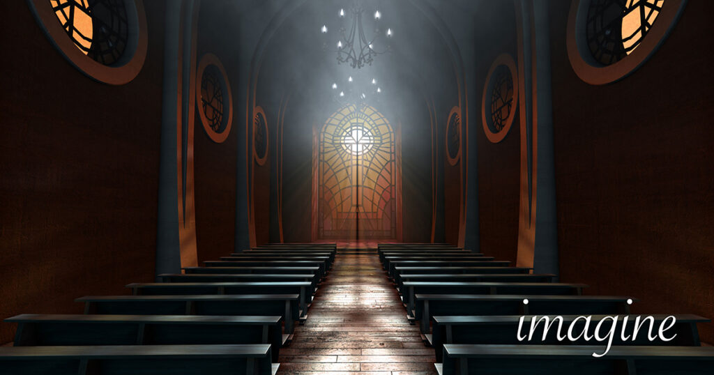 Interior view of a dimly lit church featuring wooden pews, a long aisle leading to an ornate stained glass door, and soft lighting illuminating the space.