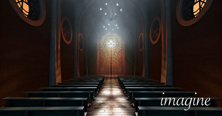 Interior view of a dimly lit church featuring wooden pews, a long aisle leading to an ornate stained glass door, and soft lighting illuminating the space.