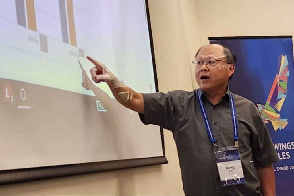 Treasurer Beng Wee presents a graph illustrating data from the Anglican Church of Canada's 2025 audited financial statements in his report to Council of General Synod. Photo: Sean Frankling