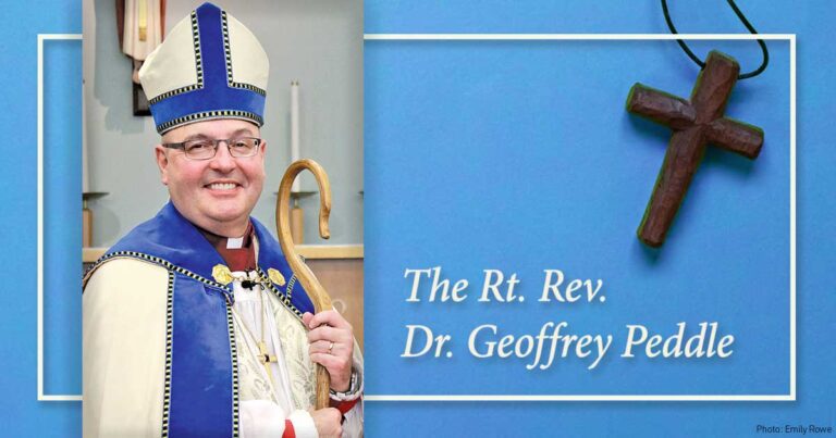 Portrait of The Rt. Rev. Dr. Geoffrey Haines wearing traditional ecclesiastical attire, holding a staff, with a blue background and his name displayed prominently.