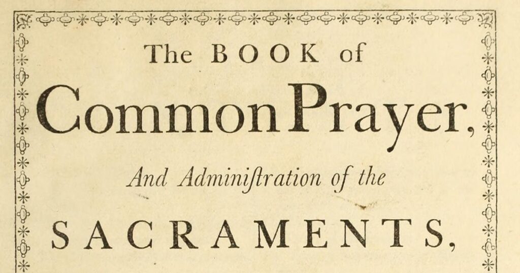 Title page of "The Book of Common Prayer," featuring ornate typography and the subtitle detailing its purpose in administering sacraments.