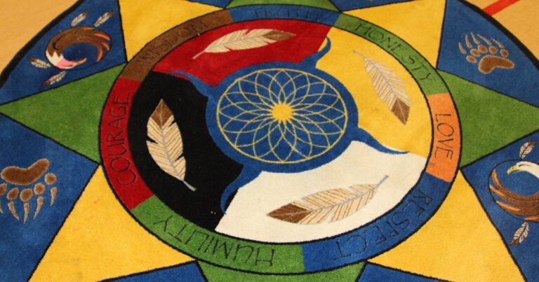 Colorful circular design featuring four quadrants in red, yellow, black, and green, with a central blue circle and stylized feathers in each section, symbolizing unity and cultural significance.