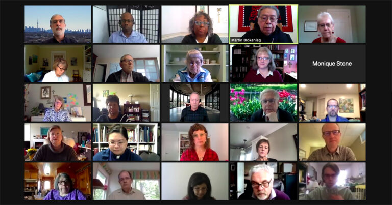 A grid of 16 participants in a virtual meeting displayed on a video conferencing platform, featuring a diverse group of individuals engaged in discussion. The background includes plants and bookshelves, indicating a professional setting.