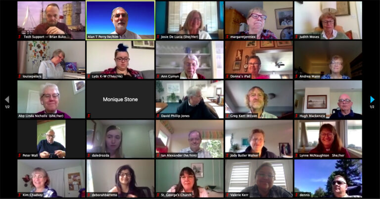 A virtual meeting with multiple participants displayed in a grid layout on a video conferencing platform, featuring a mix of individuals engaged in discussion.