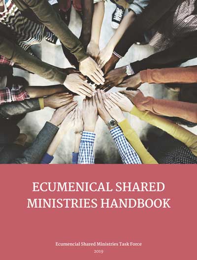 Cover of the Ecumenical Shared Ministries Handbook, featuring a group of diverse hands joined together in the centre over a maroon background with the title text below.