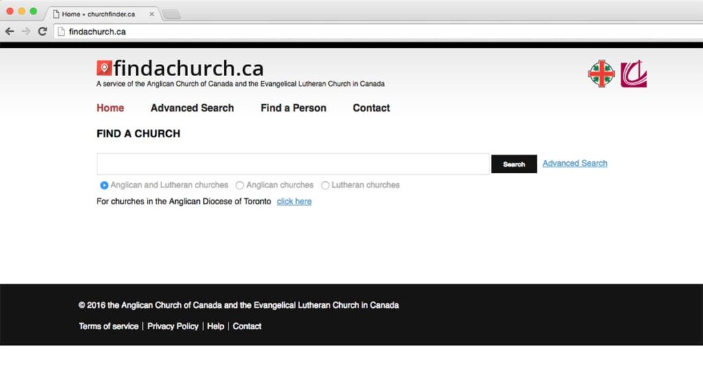 Screenshot of the website for the Evangelical Lutheran Church in Canada, featuring a search bar and navigation links for finding persons and accessing content.