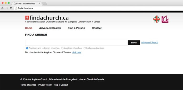 Screenshot of the website for the Evangelical Lutheran Church in Canada, featuring a search bar and navigation links for finding persons and accessing content.