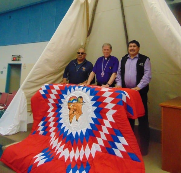 Archbishop Fred Hiltz (centre), Primate of the Anglican Church of Canada, meets with Grand Chief Ron Michel (left) and Vice Chief Brian Hardlotte of the Prince Albert Grand Council in early June. Submitted photo