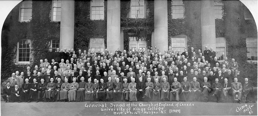 Outdoor photo of members from the 1949 General Synod of the Church of England of Canada at the University of Kings College in Halifax, Nova Scotia