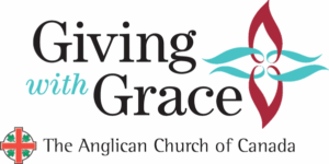 Giving with Grace logo for the Anglican Church of Canada, featuring stylized maroon and turquoise floral elements beside the text and the church crest beneath it.