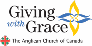 Giving with Grace logo for the Anglican Church of Canada, featuring stylized blue and yellow floral elements and the church crest beside the text.