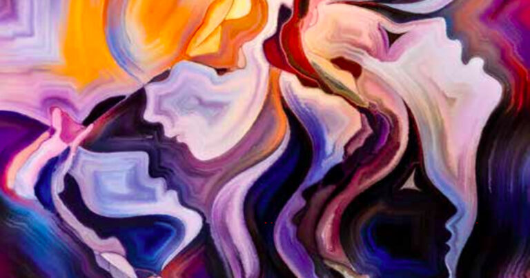 Abstract artwork featuring flowing shapes and blended colors, depicting stylized human faces in a harmonious composition. The piece emphasizes emotion and connection through its vibrant hues and fluid lines.