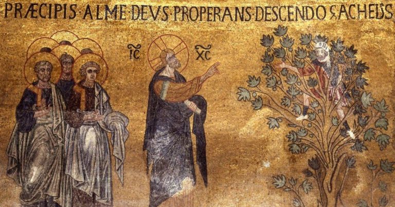 A mosaic from St. Mark's Basilica in Venice depicts Jesus' meeting with Zaccheus, a tax collector who mended his ways, donated to the poor and made fourfold restitution to those he had cheated. Theology of Church Apologies identifies Zaccheus as a key scriptural example of making amends for harm done. Photo: Wikimedia Commons