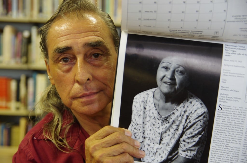 Joe McGregor, an elder of the Kahnawake community, shows a photo of his mother taken as part of a language and culture program run by KORLCC in the 90s. Joe is one of the hosts of the weekly Mohawk language radio show aired on Wednesdays in Kahnawake. Submitted photo