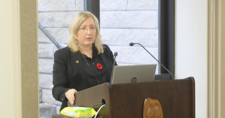 A woman with long blonde hair speaks at a podium during a presentation, with a laptop and a poppy pin visible on her blazer.