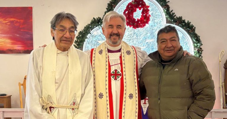Primate Shane Parker visits with the Rev. Roy Morris and Roy Fiddler at St. Matthew's Church, Muskrat Dam.