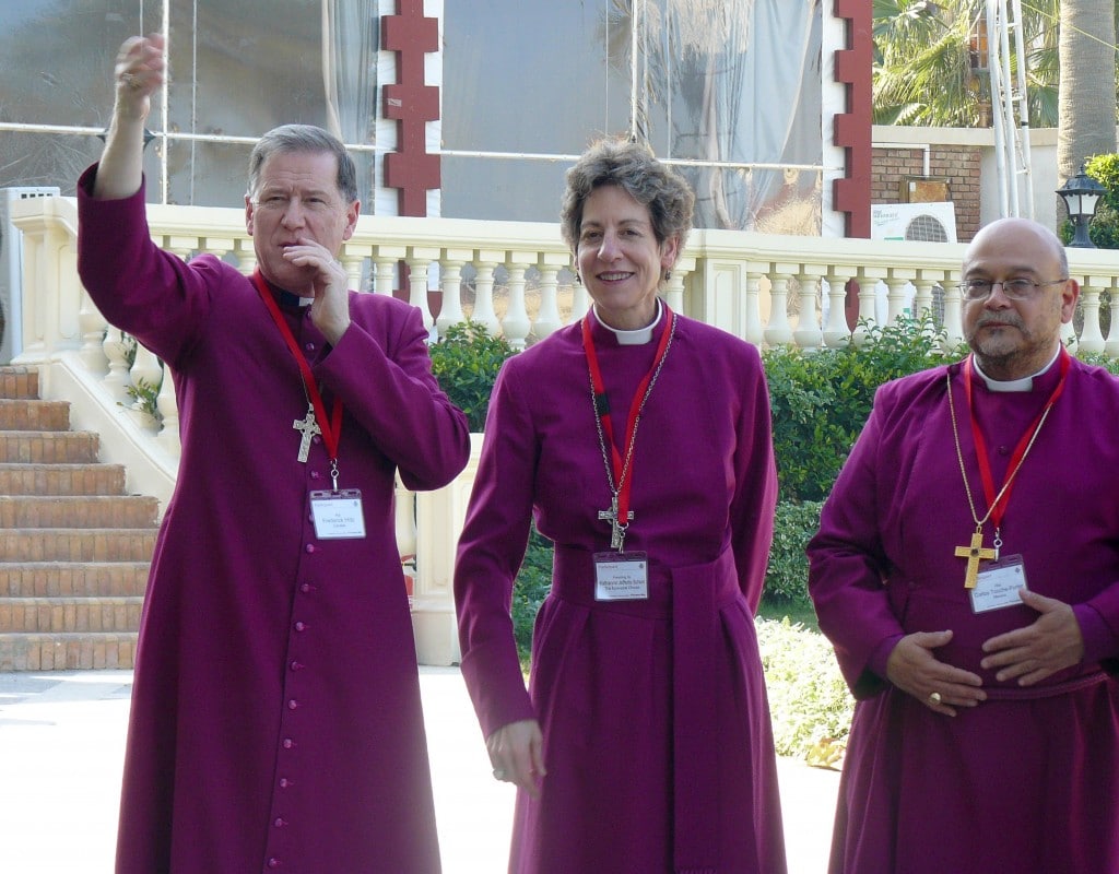 Primates Meeting 2009 in Alexandria, Egypt. Left to right: Archbishop Fred Hiltz, Presiding Bishop Katharine Jefferts Schori, Archbishop Carlos Touche-Porter. Photo from Anglican Communion Archives