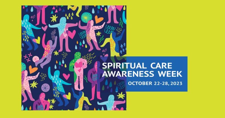 Colorful graphic promoting Spiritual Care Awareness Week, featuring abstract human figures and vibrant patterns, with text highlighting the event dates from October 22 to 28.