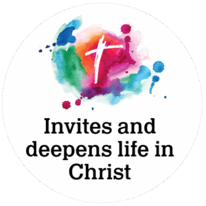 Watercolour-style circular graphic with a white cross painted in vibrant colours at the top, accompanied by the text “Invites and deepens life in Christ” below.
