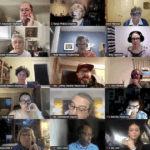 A grid of diverse individuals participating in a virtual meeting, displaying various expressions and interactions on their screens. Each participant appears engaged, contributing to the discussion.