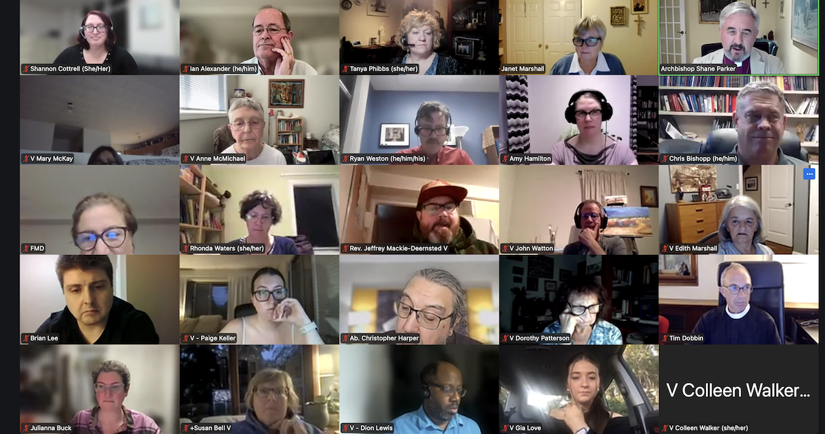 A grid of diverse individuals participating in a virtual meeting, displaying various expressions and interactions on their screens. Each participant appears engaged, contributing to the discussion.