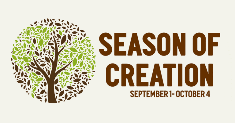 Graphic promoting "Season of Creation" event, featuring a stylized tree with green leaves and the text "Season of Creation" alongside the dates "September 1 - October 4." The design emphasizes environmental themes and community engagement.