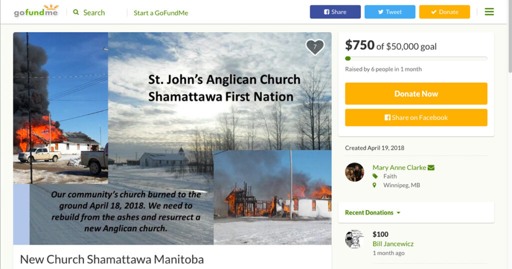 Image of a fundraising campaign for St. John's Anglican Church in Shamattawa First Nation, featuring a photo of the church and a description of its history and rebuilding efforts after a fire. The campaign goal is displayed along with donation options.