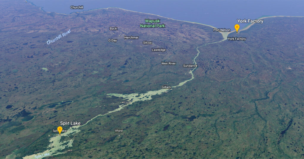 Aerial view of a mountainous landscape with a river winding through the valley, featuring labeled locations and a coastline in the background.