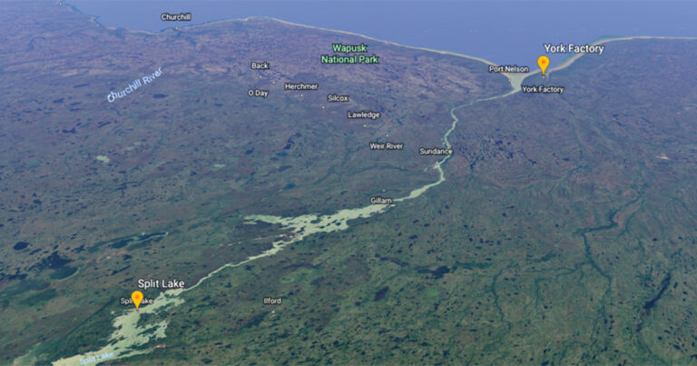 Aerial view of a mountainous landscape with a river winding through the valley, featuring labeled locations and a coastline in the background.