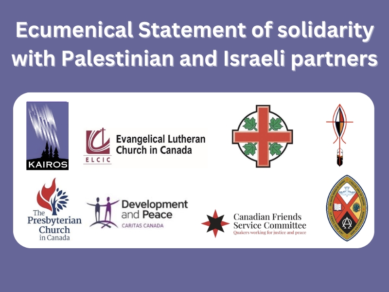 KAIROS, church leaders and heads of church agencies have signed an ecumenical statement in solidarity with Palestinian and Israeli partners, calling on the international community to hold Israel and Hamas accountable for their violations of international law.