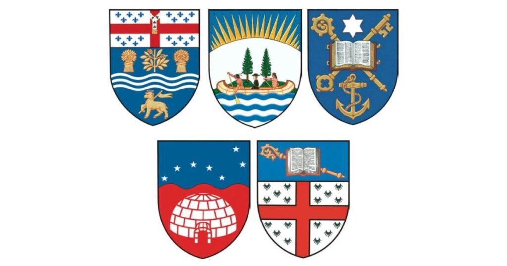 Crests for the Five dioceses who will elect new bishops this spring: Saskatoon, Moosonee, Montreal, the Arctic and Rupert’s Land.