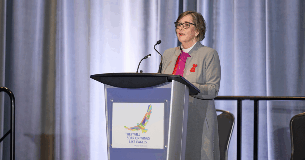 Archbishop Anne Germond, acting primate of the Anglican Church of Canada, called Synod members to put aside their differences and come together amid a time of change and uncertainty for the church. Photo: Charlotte Poolton/ The General Synod of the Anglican Church of Canada